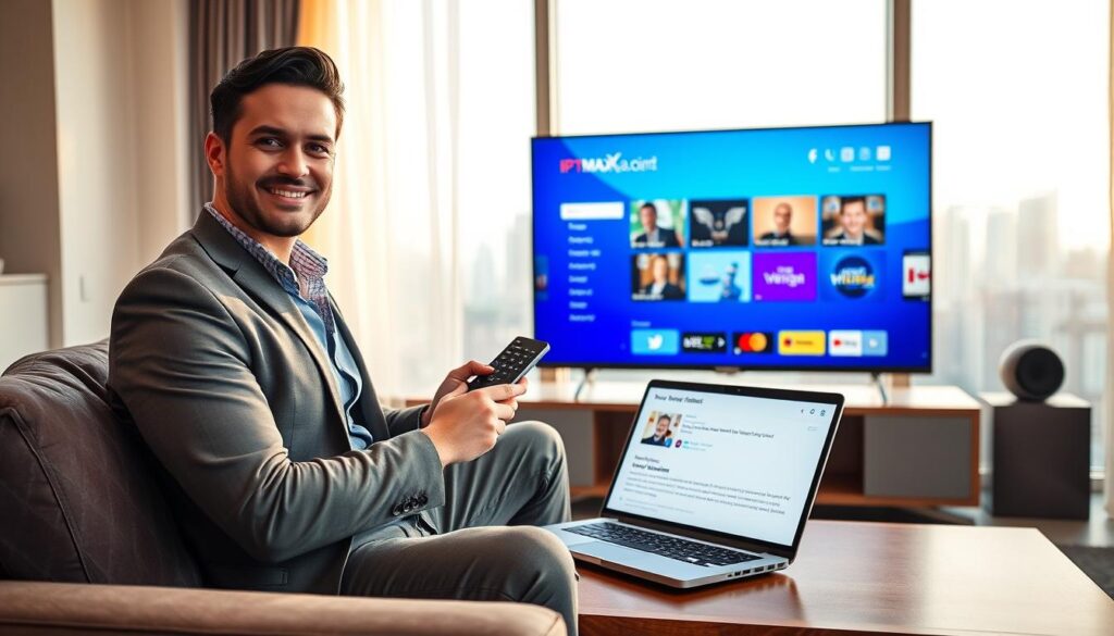 A professional, modern living room setting, featuring a sleek television displaying a vibrant IPTV interface, symbolizing Canada's leading IPTV service provider, "iptvmaxcanada.com." In the foreground, a confident individual in business casual attire sits on a stylish couch, holding a remote control, with a look of satisfaction reflecting trust and confidence in their choice. The middle layer includes a coffee table with a laptop open to reviews and recommendations, showcasing positive feedback. The background subtly highlights a window with a view of a typical Canadian city skyline, bathed in soft, warm sunlight, creating an inviting and trustworthy atmosphere. The image captures a mood of reliability and satisfaction, emphasizing the idea of a trusted IPTV service in Canada for 2026. A professional, modern living room setting, featuring a sleek television displaying a vibrant IPTV interface, symbolizing Canada's leading IPTV service provider, "iptvmaxcanada.com." In the foreground, a confident individual in business casual attire sits on a stylish couch, holding a remote control, with a look of satisfaction reflecting trust and confidence in their choice. The middle layer includes a coffee table with a laptop open to reviews and recommendations, showcasing positive feedback. The background subtly highlights a window with a view of a typical Canadian city skyline, bathed in soft, warm sunlight, creating an inviting and trustworthy atmosphere. The image captures a mood of reliability and satisfaction, emphasizing the idea of a trusted IPTV service in Canada for 2026.