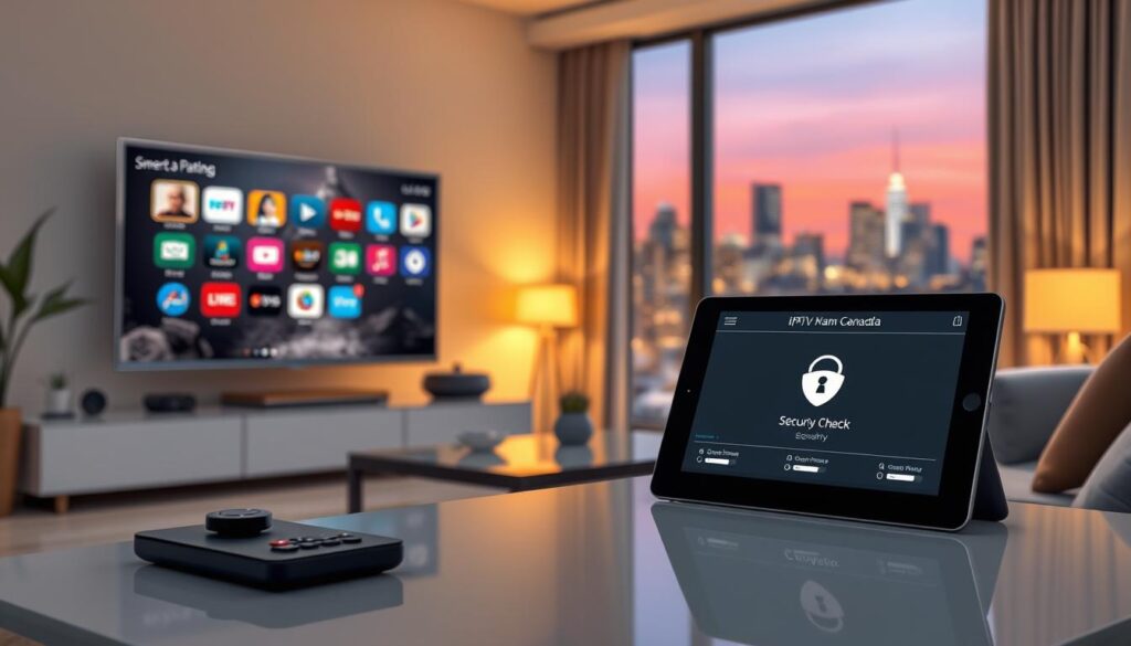 A professional, sleek illustration showcasing the concept of "Best IPTV Streaming Service in Canada" for "iptvmaxcanada.com". In the foreground, depict a high-tech living room setting with an elegant smart TV displaying various streaming icons. In the middle ground, have a modern coffee table with remote controls and a tablet showing a security check interface, emphasizing legality and safety. The background should feature a cozy ambiance with soft, warm lighting, illuminated by stylish ambient lamps. Capture the mood of security and trust with subtle hints of Canadian symbols like a small flag or a scenic Montreal skyline in the window. Use a shallow depth of field to highlight the foreground, while ensuring a professional and inviting atmosphere.