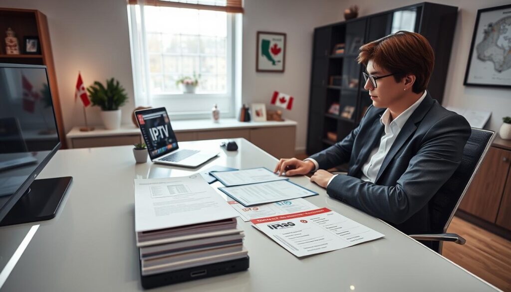 A professional workspace depicting an individual managing their IPTV subscription in Canada, foreground features a focused person in business attire, seated at a sleek modern desk with a laptop open, displaying the IPTV service interface. In the middle, various subscription-related documents, including renewal notices and upgrade options, are neatly organized. The background shows a well-decorated office with Canadian elements, like a small flag and map, creating a sense of location. Soft, natural light streams in from a window, casting a warm glow, while the camera angle is slightly above, providing a clear view of the workspace. The overall atmosphere is productive and organized, reflecting the efficient management of IPTV subscriptions for quality streaming with the brand name "iptvmaxcanada.com" subtly integrated into the scene. A professional workspace depicting an individual managing their IPTV subscription in Canada, foreground features a focused person in business attire, seated at a sleek modern desk with a laptop open, displaying the IPTV service interface. In the middle, various subscription-related documents, including renewal notices and upgrade options, are neatly organized. The background shows a well-decorated office with Canadian elements, like a small flag and map, creating a sense of location. Soft, natural light streams in from a window, casting a warm glow, while the camera angle is slightly above, providing a clear view of the workspace. The overall atmosphere is productive and organized, reflecting the efficient management of IPTV subscriptions for quality streaming with the brand name "iptvmaxcanada.com" subtly integrated into the scene.