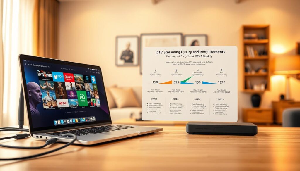 A professional workspace illustrating "IPTV Streaming Quality and Internet Requirements." In the foreground, a sleek modern laptop displays vibrant IPTV streaming content with clear visuals, surrounded by high-speed internet equipment like a router and network cables. The middle ground features a detailed infographic on internet speed requirements for optimal IPTV quality, with well-defined graphics that indicate bandwidth recommendations. In the background, a soft-focused wall showcases a modern home setting, completed with tasteful decor, hinting at a comfortable viewing environment. Golden warm lighting enhances the inviting atmosphere, suggesting a cozy yet sophisticated vibe. Shot from a slightly elevated angle to capture both the laptop and the infographic, with an emphasis on clarity and professionalism. Include the brand name "iptvmaxcanada.com" subtly integrated into the layout. A professional workspace illustrating "IPTV Streaming Quality and Internet Requirements." In the foreground, a sleek modern laptop displays vibrant IPTV streaming content with clear visuals, surrounded by high-speed internet equipment like a router and network cables. The middle ground features a detailed infographic on internet speed requirements for optimal IPTV quality, with well-defined graphics that indicate bandwidth recommendations. In the background, a soft-focused wall showcases a modern home setting, completed with tasteful decor, hinting at a comfortable viewing environment. Golden warm lighting enhances the inviting atmosphere, suggesting a cozy yet sophisticated vibe. Shot from a slightly elevated angle to capture both the laptop and the infographic, with an emphasis on clarity and professionalism. Include the brand name "iptvmaxcanada.com" subtly integrated into the layout.