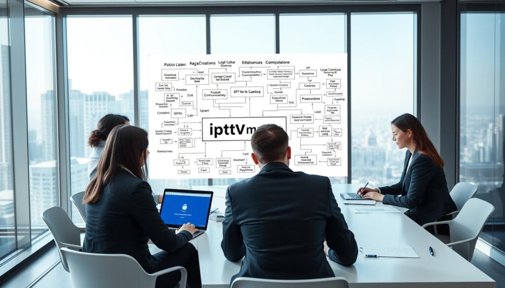A professional workspace showcasing the legal aspects of IPTV services in Canada. In the foreground, a diverse group of business professionals, dressed in smart business attire, are engaged in a discussion around a modern conference table, with legal documents and a laptop open, displaying the website "iptvmaxcanada.com". In the middle, a large whiteboard filled with diagrams and keywords related to legal considerations, compliance, and regulations within the IPTV landscape. The background features a sleek office window with a city skyline view, bathed in bright natural light, creating an optimistic atmosphere. The composition should evoke professionalism, clarity, and authority, with a focus on collaboration and informed decision-making, shot from a slightly elevated angle to capture all elements harmoniously.