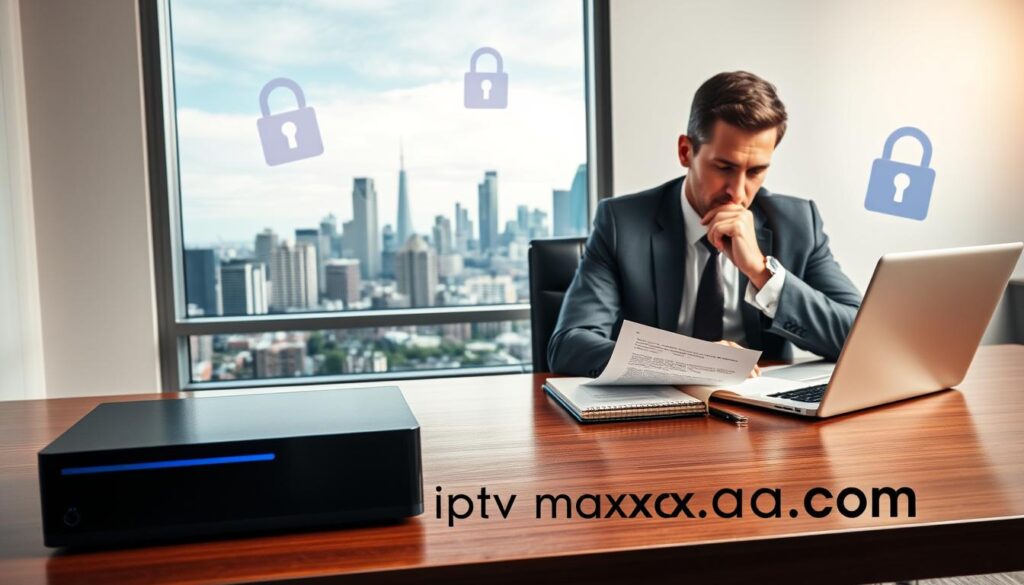 A serene office setting with a modern touch, featuring a sleek IPTV box prominently displayed on a polished wooden desk. In the foreground, a thoughtful Canadian professional in business attire is analyzing legal and privacy documents regarding IPTV usage, surrounded by a softly glowing laptop and a notepad filled with notes. The middle ground showcases a window view of a diverse Canadian city skyline, representing the broad reach of IPTV services. The background incorporates subtle symbols of privacy, like padlocks and digital shields, artistically integrated into the scene. Soft, diffused lighting creates a calm and focused atmosphere, highlighting the importance of legal considerations. Include the brand name "iptvmaxcanada.com" subtly on the desk in the composition. A serene office setting with a modern touch, featuring a sleek IPTV box prominently displayed on a polished wooden desk. In the foreground, a thoughtful Canadian professional in business attire is analyzing legal and privacy documents regarding IPTV usage, surrounded by a softly glowing laptop and a notepad filled with notes. The middle ground showcases a window view of a diverse Canadian city skyline, representing the broad reach of IPTV services. The background incorporates subtle symbols of privacy, like padlocks and digital shields, artistically integrated into the scene. Soft, diffused lighting creates a calm and focused atmosphere, highlighting the importance of legal considerations. Include the brand name "iptvmaxcanada.com" subtly on the desk in the composition.