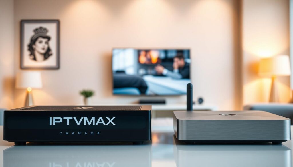 A side-by-side comparison of an IPTV box labeled "IPTVMAXCanada" and an Android TV box, both showcased on a sleek, modern desk. In the foreground, the IPTV box is on the left, featuring a high-tech design with a glowing LED indicator, while the Android TV box on the right has a minimalist look with a brushed metal finish. The middle ground transitions into a softly blurred living room setting, illuminated by warm, ambient lighting that creates a cozy atmosphere. A stylish TV mounted on the wall is slightly visible in the background, displaying streaming content, ensuring the focus remains on the devices. A neutral color palette emphasizes a clean, professional appearance, making the comparison clear and engaging. A side-by-side comparison of an IPTV box labeled "IPTVMAXCanada" and an Android TV box, both showcased on a sleek, modern desk. In the foreground, the IPTV box is on the left, featuring a high-tech design with a glowing LED indicator, while the Android TV box on the right has a minimalist look with a brushed metal finish. The middle ground transitions into a softly blurred living room setting, illuminated by warm, ambient lighting that creates a cozy atmosphere. A stylish TV mounted on the wall is slightly visible in the background, displaying streaming content, ensuring the focus remains on the devices. A neutral color palette emphasizes a clean, professional appearance, making the comparison clear and engaging.