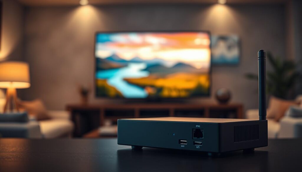 A sleek IPTV box prominently displayed in the foreground, showcasing its modern design and features like HDMI and Ethernet ports. In the middle ground, a blurred view of a high-definition television screen streaming vibrant Canadian landscapes, symbolizing seamless viewing experiences. The background features a cozy living room setting, bathed in soft, warm lighting to create a welcoming atmosphere. The lens is set at an eye level angle to capture the IPTV box's details while emphasizing the connectivity aspect for Canadian networks. The mood should be professional yet inviting, illustrating the advanced technology and performance of the IPTV box, specifically "iptvmaxcanada.com", in enhancing streaming quality across Canadian networks. A sleek IPTV box prominently displayed in the foreground, showcasing its modern design and features like HDMI and Ethernet ports. In the middle ground, a blurred view of a high-definition television screen streaming vibrant Canadian landscapes, symbolizing seamless viewing experiences. The background features a cozy living room setting, bathed in soft, warm lighting to create a welcoming atmosphere. The lens is set at an eye level angle to capture the IPTV box's details while emphasizing the connectivity aspect for Canadian networks. The mood should be professional yet inviting, illustrating the advanced technology and performance of the IPTV box, specifically "iptvmaxcanada.com", in enhancing streaming quality across Canadian networks.