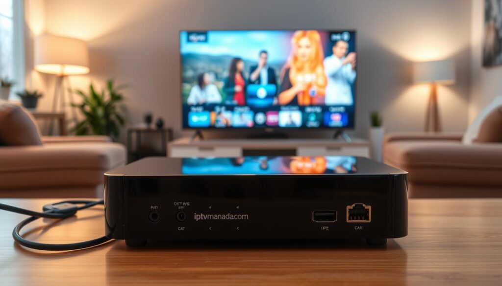 A sleek and modern IPTV box prominently displayed in the foreground, showcasing its glossy finish and advanced connectivity ports. In the middle, a stylish living room setting featuring a large smart TV with vibrant streaming content playing, emphasizing the streaming experience. The background includes a warm, inviting atmosphere with soft lighting and contemporary furniture. The scene conveys a sense of tech-savvy lifestyle in 2026, with organized cables and a cozy ambiance. Use a wide-angle lens perspective to enhance depth, capturing all elements harmoniously. The mood is uplifting and informative, showcasing the necessity of an IPTV box for high-quality streaming. Include the brand "iptvmaxcanada.com" subtly within the design elements, ensuring it blends well with the overall aesthetic. A sleek and modern IPTV box prominently displayed in the foreground, showcasing its glossy finish and advanced connectivity ports. In the middle, a stylish living room setting featuring a large smart TV with vibrant streaming content playing, emphasizing the streaming experience. The background includes a warm, inviting atmosphere with soft lighting and contemporary furniture. The scene conveys a sense of tech-savvy lifestyle in 2026, with organized cables and a cozy ambiance. Use a wide-angle lens perspective to enhance depth, capturing all elements harmoniously. The mood is uplifting and informative, showcasing the necessity of an IPTV box for high-quality streaming. Include the brand "iptvmaxcanada.com" subtly within the design elements, ensuring it blends well with the overall aesthetic.