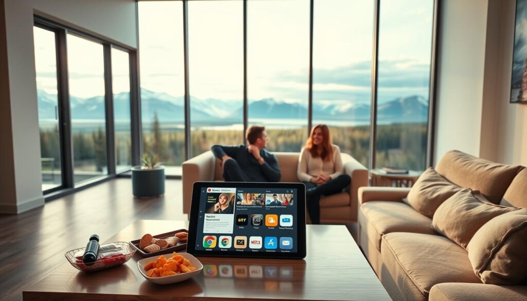A sleek and modern living room setting in Canada, showcasing a family enjoying Dream IPTV on a large, flat-screen television. In the foreground, a happy couple in professional casual attire sit on a comfortable couch, engrossed in their favorite show. The middle ground features a stylish coffee table adorned with snacks and a tablet displaying the Dream IPTV interface, highlighting features like live TV, high-definition streaming, and a user-friendly guide. In the background, large windows reveal a picturesque Canadian landscape, bathed in soft, warm natural light. The overall atmosphere is inviting and cozy, designed to evoke a sense of entertainment and reliability in streaming. The image should reflect the keyword "iptvmaxcanada.com" subtly in the environment. A sleek and modern living room setting in Canada, showcasing a family enjoying Dream IPTV on a large, flat-screen television. In the foreground, a happy couple in professional casual attire sit on a comfortable couch, engrossed in their favorite show. The middle ground features a stylish coffee table adorned with snacks and a tablet displaying the Dream IPTV interface, highlighting features like live TV, high-definition streaming, and a user-friendly guide. In the background, large windows reveal a picturesque Canadian landscape, bathed in soft, warm natural light. The overall atmosphere is inviting and cozy, designed to evoke a sense of entertainment and reliability in streaming. The image should reflect the keyword "iptvmaxcanada.com" subtly in the environment.