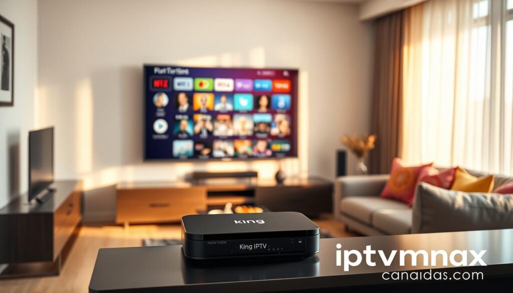 A sleek and modern living room setting showcasing a King IPTV device prominently displayed on a stylish entertainment center. In the foreground, the device is illuminated by a warm, ambient light, highlighting its compact design and user-friendly interface. In the middle ground, a large flat-screen TV displays a variety of streaming content icons, symbolizing compatibility with multiple devices. Soft shadows create a cozy atmosphere, while sunlight filters through sheer curtains, adding a touch of natural brightness. In the background, a comfortable sofa with colorful cushions invites viewers to relax and enjoy their favorite shows. Include the brand name "iptvmaxcanada.com" subtly integrated into the design of the room, ensuring a professional and appealing visual representation of reliable streaming access across Canada.
