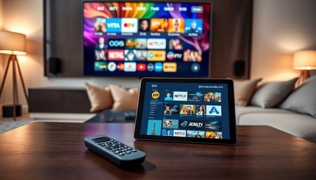 A sleek and modern living room setup showcasing advanced IPTV player apps in action on a large smart TV, displaying a vibrant interface with colorful graphics of streaming options. In the foreground, a stylish coffee table adorned with a state-of-the-art remote control and a tablet showcasing the “iptvmaxcanada.com” app interface, featuring categories like Movies, Sports, and TV Shows. The middle layer includes a cozy sofa with soft cushions, hinting at comfort and relaxation. The background features ambient lighting, with a gentle glow from floor lamps, creating a warm and inviting atmosphere. The entire scene captures the essence of an enhanced viewing experience, ideal for family and friends. The composition is shot from a slight angle to provide depth, emphasizing the integration of technology and cozy living.