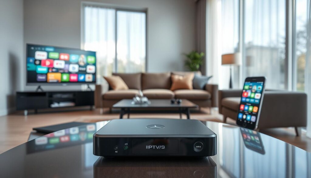A sleek and modern living room showcasing compatibility of an IPTV player with various devices. In the foreground, a stylish IPTV player sits on a polished coffee table, surrounded by a smart TV, tablet, and smartphone, all displaying vibrant streaming icons. The middle layer features a comfortable sofa with subtle lighting that emphasizes the devices' screens. In the background, large windows allow natural light to flood the room, creating a warm and inviting atmosphere. Use a soft focus effect to enhance the feeling of seamless connectivity. The space should feel contemporary and high-tech, showcasing the brand "iptvmaxcanada.com". Capturing this scene from a slight angle adds depth and dimension, emphasizing the elegance and functionality of these devices in a modern home setting.
