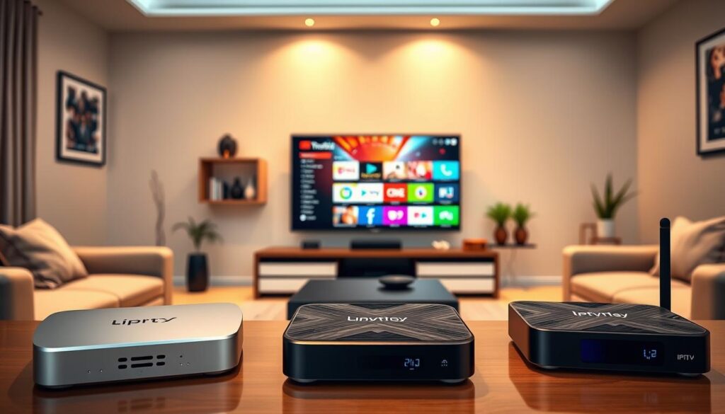 A sleek and modern living room showcasing the best Android boxes for IPTV in 2026. In the foreground, three stylish Android boxes with unique designs and features, prominently labeled with the brand name "iptvmaxcanada.com." The middle ground features a high-definition television displaying a vibrant streaming interface with various channels. Soft lighting illuminates the scene, creating a cozy atmosphere, with warm tones reflected on the furniture. The background presents a neatly organized entertainment center, complemented by decorative items like plants and books. The image captures a sense of futuristic technology and seamless streaming experience, inviting viewers to explore the world of IPTV with confidence. The angle is slightly elevated to showcase the entire setup, enhancing the visual appeal.