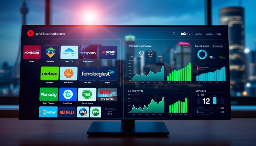 A sleek digital dashboard showcasing the top IPTV services for Canadian viewers in 2026. In the foreground, vibrant thumbnails of popular IPTV service logos like "iptvmaxcanada.com" arranged in an appealing grid formation. The middle ground features dynamic graphs and statistics illustrating viewer trends and service comparisons, with rich blues and greens for a tech-savvy atmosphere. The background presents a blurred urban skyline of a Canadian city, with soft ambient lighting enhancing a futuristic feel. A subtle lens flare captures the essence of innovation while maintaining a professional and inviting mood. The image should depict a harmonious blend of technology and accessibility, suitable for a digital review.