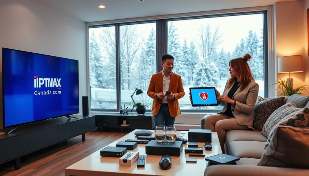 A sleek digital living room in a modern Canadian home, featuring a large flat-screen TV displaying the logo and interface of "iptvmaxcanada.com". In the foreground, a diverse group of three professionals dressed in smart casual attire discuss IPTV features, with one showing a tablet displaying a virtual private network (VPN) connection icon. The middle ground emphasizes a lively coffee table filled with various tech devices like streaming gadgets and remote controls. The background depicts a panoramic window showing a snowy outdoor scene, highlighting the cozy indoors. Soft, warm lighting complements the comfortable atmosphere, emphasizing privacy and security. The composition is shot from a slightly elevated angle, providing a dynamic view of the scene while ensuring clarity and focus on the subjects and devices.