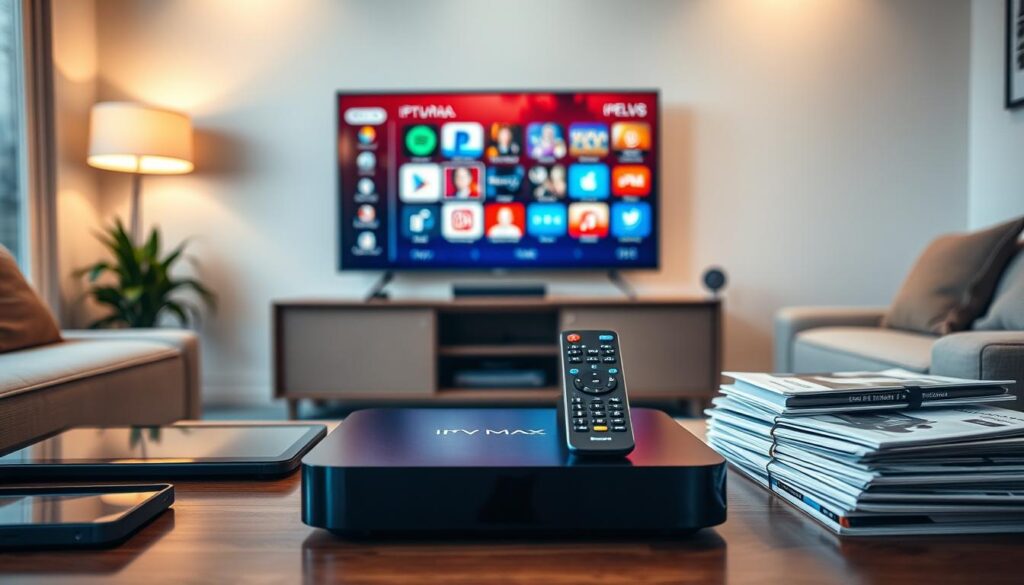 A sleek, modern IPTV box prominently displayed in a cozy living room setting, showcasing its personalized streaming features. In the foreground, the IPTV box, labeled with "iptvmaxcanada.com," gleams under soft, ambient lighting, highlighting diverse app icons and user interface on a flat-screen TV in the background. The middle ground features a stylish remote control, hinting at user interactivity. Surrounding the box are various devices like a tablet and smartphone, suggesting multi-device streaming. The background reveals a comfortable sofa and a coffee table stacked with streaming device manuals, emphasizing a homey atmosphere. The scene is captured with a slightly tilted angle to create dynamic depth, evoking a warm, inviting ambiance perfect for personalized entertainment. A sleek, modern IPTV box prominently displayed in a cozy living room setting, showcasing its personalized streaming features. In the foreground, the IPTV box, labeled with "iptvmaxcanada.com," gleams under soft, ambient lighting, highlighting diverse app icons and user interface on a flat-screen TV in the background. The middle ground features a stylish remote control, hinting at user interactivity. Surrounding the box are various devices like a tablet and smartphone, suggesting multi-device streaming. The background reveals a comfortable sofa and a coffee table stacked with streaming device manuals, emphasizing a homey atmosphere. The scene is captured with a slightly tilted angle to create dynamic depth, evoking a warm, inviting ambiance perfect for personalized entertainment.