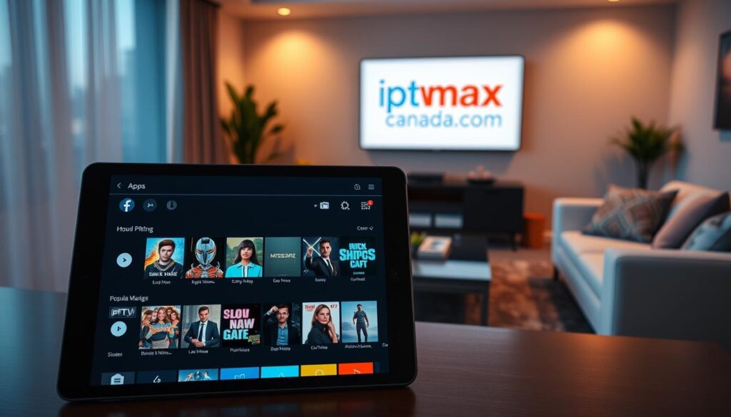 A sleek, modern digital interface showcasing popular IPTV apps for streaming, prominently featuring a variety of app icons. In the foreground, a high-resolution tablet displaying a vibrant IPTV app menu with engaging visuals of shows and movies. The middle ground includes a stylish, elegant living room setup, with a comfortable couch, a sleek TV, and ambient lighting creating a cozy atmosphere. The background features a wall-mounted screen showcasing the logo "iptvmaxcanada.com," subtly lit to draw attention without overwhelming the scene. The lighting is warm and inviting, suggesting a relaxed evening of entertainment, viewed from a slightly elevated angle to encompass the whole setup. The overall mood is sophisticated and tech-savvy, emphasizing seamless streaming experiences.