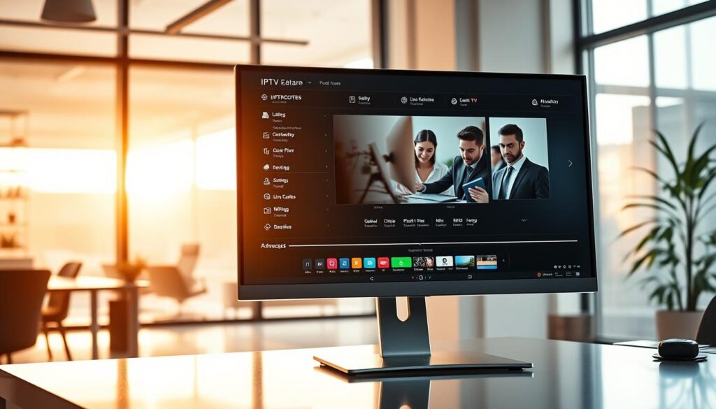 A sleek, modern digital workspace showcasing the advanced features of an IPTV editor. In the foreground, a high-resolution computer monitor displays a vibrant user interface with intuitive controls, settings menus, and live streaming options related to "iptvmaxcanada.com". The middle layer features a professional individual in business attire, intently working on the IPTV software, with focused expressions indicating expertise. In the background, large windows reveal a bright, contemporary office environment filled with minimalistic decor and warm natural lighting, enhancing the atmosphere of productivity and innovation. The angle is slightly tilted for a dynamic perspective, with soft reflections on the screen highlighting the technology’s modernity. The overall mood is encouraging and professional, illustrating the significance of IPTV in today’s digital landscape. A sleek, modern digital workspace showcasing the advanced features of an IPTV editor. In the foreground, a high-resolution computer monitor displays a vibrant user interface with intuitive controls, settings menus, and live streaming options related to "iptvmaxcanada.com". The middle layer features a professional individual in business attire, intently working on the IPTV software, with focused expressions indicating expertise. In the background, large windows reveal a bright, contemporary office environment filled with minimalistic decor and warm natural lighting, enhancing the atmosphere of productivity and innovation. The angle is slightly tilted for a dynamic perspective, with soft reflections on the screen highlighting the technology’s modernity. The overall mood is encouraging and professional, illustrating the significance of IPTV in today’s digital landscape.