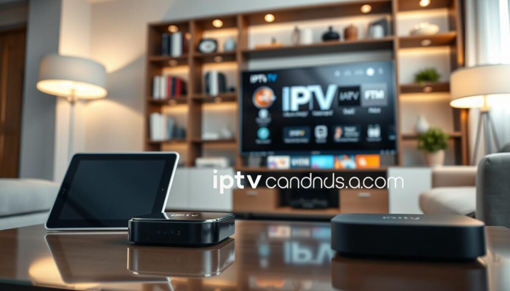 A sleek, modern living room featuring a variety of compatible devices for IPTV Mississauga, including a smart TV, tablet, and streaming box prominently displayed on a stylish coffee table. In the foreground, focus on the devices, with a warm glow from a nearby lamp creating an inviting atmosphere. In the middle, the smart TV shows the IPTV interface, highlighting a seamless streaming experience. The background is an elegant bookshelf with books and decorative items, softly blurred to maintain focus on the devices. The lighting is soft and cozy, evoking a sense of home entertainment. The scene has an overall feeling of connectivity and modern living. Include the logo "iptvmaxcanada.com" subtly integrated within the decor elements.