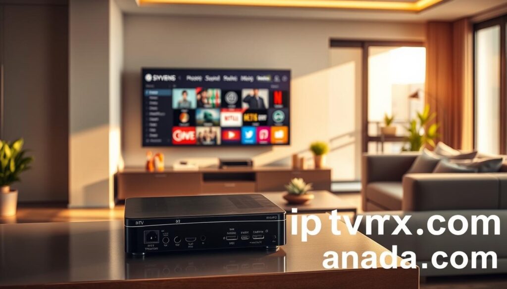 A sleek modern living room featuring an IPTV box on a stylish entertainment unit. In the foreground, a detailed view of the IPTV box with visible ports and specifications displayed in an informative layout. The middle ground shows a large flat-screen TV displaying various streaming services icons, illuminated with natural light from a nearby window. In the background, a comfortable sofa and decorative plants add to the warm ambiance. The scene is set to convey a thoughtful atmosphere, suggesting the careful consideration of hardware specifications when selecting an IPTV box. Soft golden hour lighting enhances the overall appeal, while the URL "iptvmaxcanada.com" subtly integrated into the entertainment unit design completes the composition. A sleek modern living room featuring an IPTV box on a stylish entertainment unit. In the foreground, a detailed view of the IPTV box with visible ports and specifications displayed in an informative layout. The middle ground shows a large flat-screen TV displaying various streaming services icons, illuminated with natural light from a nearby window. In the background, a comfortable sofa and decorative plants add to the warm ambiance. The scene is set to convey a thoughtful atmosphere, suggesting the careful consideration of hardware specifications when selecting an IPTV box. Soft golden hour lighting enhances the overall appeal, while the URL "iptvmaxcanada.com" subtly integrated into the entertainment unit design completes the composition.