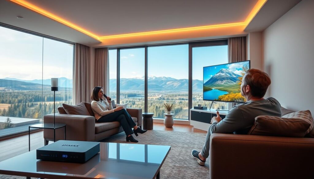 A sleek, modern living room in Canada featuring a user-friendly IPTV Ebox on an elegant coffee table, connected to a large flat-screen TV displaying vibrant streaming content. In the foreground, a couple dressed in professional casual attire sits comfortably on a stylish sofa, intently watching their favorite shows. Soft, ambient lighting creates a cozy atmosphere, with warm tones enhancing the welcoming feel of the space. In the background, large windows overlook a beautiful Canadian landscape, showcasing lush greenery and a clear blue sky, adding a sense of tranquility. The scene captures a seamless streaming experience, emphasizing technology and comfort together. The logo "iptvmaxcanada.com" is subtly integrated into the background decor, ensuring it complements the overall aesthetic without overwhelming the composition.