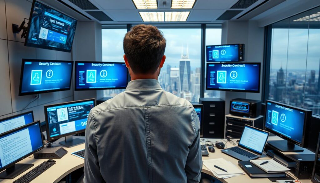A sleek, modern office environment filled with technical equipment related to IPTV services. In the foreground, a focused business professional, dressed in formal attire, interacts with multiple screens displaying security encryption, legal contracts, and VPN software interfaces. The middle ground features organized documents and digital devices symbolizing legality and compliance, with visual elements showing data protection and user privacy. The background includes a skyline view of a Canadian city, emphasizing the article's geographical context. Soft, focused lighting illuminates the scene, creating an atmosphere of professionalism and vigilance. Subtle hints of the brand "iptvmaxcanada.com" are integrated into the digital displays without overwhelming the composition. The overall mood conveys a sense of security and attentiveness to legal concerns in the IPTV industry. A sleek, modern office environment filled with technical equipment related to IPTV services. In the foreground, a focused business professional, dressed in formal attire, interacts with multiple screens displaying security encryption, legal contracts, and VPN software interfaces. The middle ground features organized documents and digital devices symbolizing legality and compliance, with visual elements showing data protection and user privacy. The background includes a skyline view of a Canadian city, emphasizing the article's geographical context. Soft, focused lighting illuminates the scene, creating an atmosphere of professionalism and vigilance. Subtle hints of the brand "iptvmaxcanada.com" are integrated into the digital displays without overwhelming the composition. The overall mood conveys a sense of security and attentiveness to legal concerns in the IPTV industry.