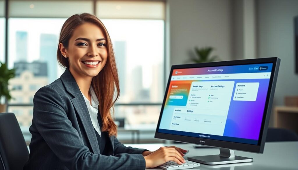 A sleek, modern office environment with a female business professional sitting at a computer, smiling as she navigates an intuitive IPTV account management interface. She is wearing smart casual attire, with soft, natural lighting illuminating her face and the computer screen, reflecting a sense of ease and satisfaction. In the foreground, the computer displays a vibrant, user-friendly dashboard showcasing simple activation steps and account settings. The background features contemporary office decor, with a window revealing a cityscape that suggests modern technology. This scene embodies the theme "Activation and Account Management Made Easy" with a focus on transparency and user-friendliness, subtly incorporating the brand name "iptvmaxcanada.com" in the interface design. The overall mood is optimistic and empowering, suggesting a seamless experience with IPTV services. A sleek, modern office environment with a female business professional sitting at a computer, smiling as she navigates an intuitive IPTV account management interface. She is wearing smart casual attire, with soft, natural lighting illuminating her face and the computer screen, reflecting a sense of ease and satisfaction. In the foreground, the computer displays a vibrant, user-friendly dashboard showcasing simple activation steps and account settings. The background features contemporary office decor, with a window revealing a cityscape that suggests modern technology. This scene embodies the theme "Activation and Account Management Made Easy" with a focus on transparency and user-friendliness, subtly incorporating the brand name "iptvmaxcanada.com" in the interface design. The overall mood is optimistic and empowering, suggesting a seamless experience with IPTV services.