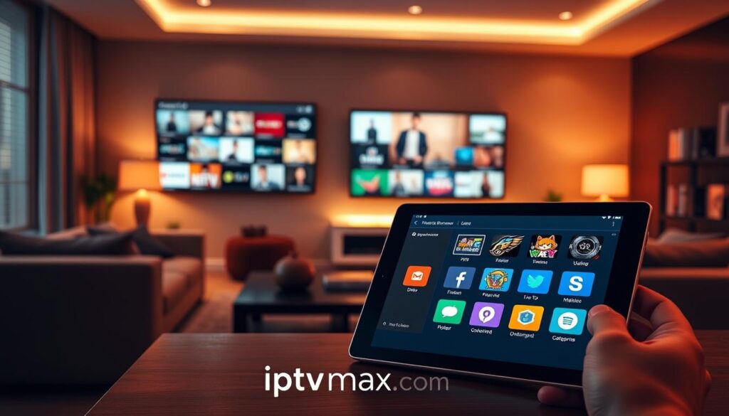 A sleek, modern overview of IPTV Smarter Player features, showcasing a user-friendly interface on a high-resolution screen. In the foreground, display a tablet device with vibrant app icons representing live TV, DVR, and a personalized user experience. The middle ground reveals a stylish living room setting, complete with comfortable seating and ambient lighting that creates a cozy atmosphere. The background features a wall-mounted TV displaying a stunning array of on-demand content and categories. Use warm, inviting lighting to highlight the features, captured from a slight angle to emphasize depth and perspective. The overall mood should convey sophistication and accessibility, appealing to tech-savvy viewers. Include the brand name "iptvmaxcanada.com" subtly within the image.