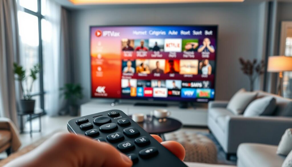 A sleek, modern user interface design for IPTV displayed on a large, high-definition television in a stylish living room. In the foreground, show a close-up of a user-friendly remote control with intuitive buttons for navigation, set against a soft, warm lighting ambiance. The middle ground features the TV screen showcasing a vibrant 4K interface, featuring streaming options, categories, and highlight selections filled with engaging visuals. In the background, include cozy furniture and soft textures to evoke a relaxed atmosphere, with natural light filtering through sheer curtains. The overall mood should convey an inviting, high-tech user experience, emphasizing simplicity and elegance. Incorporate subtle branding elements of "iptvmaxcanada.com" within the interface design. A sleek, modern user interface design for IPTV displayed on a large, high-definition television in a stylish living room. In the foreground, show a close-up of a user-friendly remote control with intuitive buttons for navigation, set against a soft, warm lighting ambiance. The middle ground features the TV screen showcasing a vibrant 4K interface, featuring streaming options, categories, and highlight selections filled with engaging visuals. In the background, include cozy furniture and soft textures to evoke a relaxed atmosphere, with natural light filtering through sheer curtains. The overall mood should convey an inviting, high-tech user experience, emphasizing simplicity and elegance. Incorporate subtle branding elements of "iptvmaxcanada.com" within the interface design.