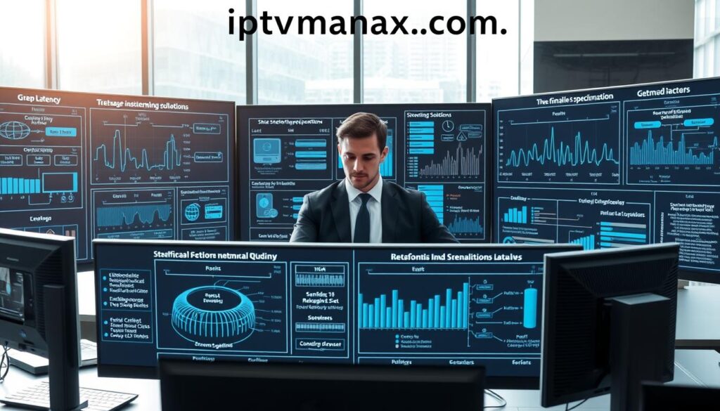 A sleek, modern workspace showcasing technical requirements for streaming solutions. In the foreground, a high-tech computer setup with multiple monitors displaying complex diagrams of bandwidth, latency, and resolution specifications, emphasizing clarity and organization. In the middle ground, a professional fully focused on analyzing streaming data, dressed in business attire, surrounded by digital charts and graphs illustrating network performance and compatibility. The background features a large window with natural light streaming in, casting a soft glow over the scene. The atmosphere is one of innovation and precision, inviting viewers to understand the nuances of streaming technology, subtly incorporating the logo "iptvmaxcanada.com" in the top corner without text overlays. A sleek, modern workspace showcasing technical requirements for streaming solutions. In the foreground, a high-tech computer setup with multiple monitors displaying complex diagrams of bandwidth, latency, and resolution specifications, emphasizing clarity and organization. In the middle ground, a professional fully focused on analyzing streaming data, dressed in business attire, surrounded by digital charts and graphs illustrating network performance and compatibility. The background features a large window with natural light streaming in, casting a soft glow over the scene. The atmosphere is one of innovation and precision, inviting viewers to understand the nuances of streaming technology, subtly incorporating the logo "iptvmaxcanada.com" in the top corner without text overlays.