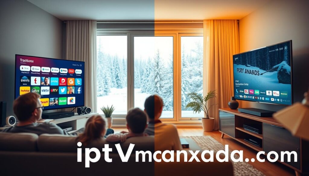 A split-screen comparison of IPTV and traditional cable TV in a modern Canadian living room setting. On the left, a vibrant IPTV setup with a sleek smart TV displaying diverse streaming options and a cozy couch with a family watching together, dressed in comfortable casual clothing. On the right, traditional cable TV with a bulky receiver, a cluttered entertainment center, and an older TV model showing a limited channel lineup, evoking a sense of nostalgia. The background features a window showing a snowy Canadian landscape, creating a warm yet contrasting atmosphere. Soft, warm lighting fills the room, with a slight bokeh effect. The scene should clearly communicate the advantages of modern IPTV services, such as "iptvmaxcanada.com" in the foreground, without distracting elements or text.