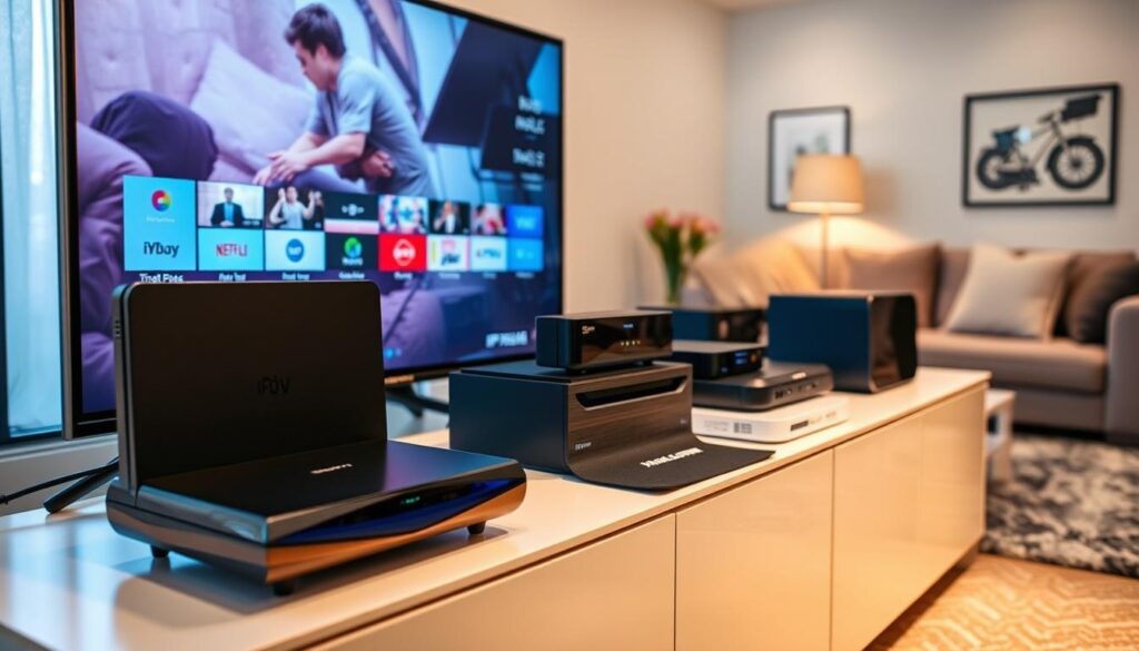 A stylish and modern display of various IPTV boxes arranged on a sleek, minimalist entertainment center, showcasing their unique designs and features. In the foreground, a high-definition smart TV is turned on, demonstrating an IPTV interface. The middle ground features a selection of IPTV box options, including models from "iptvmaxcanada.com," designed with sharp edges and futuristic aesthetics. The background is a softly lit living room with cozy furnishings, creating a warm and inviting atmosphere. The lighting is bright yet soft, emphasizing the sleek textures of the devices. The image is captured from a slightly elevated angle to provide a comprehensive view, evoking a sense of modern technology seamlessly integrated into everyday life. A stylish and modern display of various IPTV boxes arranged on a sleek, minimalist entertainment center, showcasing their unique designs and features. In the foreground, a high-definition smart TV is turned on, demonstrating an IPTV interface. The middle ground features a selection of IPTV box options, including models from "iptvmaxcanada.com," designed with sharp edges and futuristic aesthetics. The background is a softly lit living room with cozy furnishings, creating a warm and inviting atmosphere. The lighting is bright yet soft, emphasizing the sleek textures of the devices. The image is captured from a slightly elevated angle to provide a comprehensive view, evoking a sense of modern technology seamlessly integrated into everyday life.
