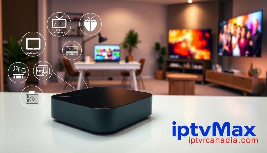 A thoughtful composition illustrating the criteria for selecting the best IPTV box, specifically focused on a sleek, high-tech IPTV box prominently displayed in the foreground. Surrounding the box are visual elements that represent key factors such as user interface, streaming quality, and multi-device compatibility, depicted as icons or graphics. In the middle ground, a softly lit workspace features a modern desk with a laptop showing a streaming platform interface, conveying a sense of user experience. In the background, a cozy living room setup with a large screen showcasing vibrant content adds warmth. The scene is illuminated with gentle, ambient lighting, evoking a comfortable, inviting atmosphere. In the bottom right corner, subtly integrate the logo or brand name "iptvmaxcanada.com" to maintain relevance without overshadowing the main elements. A thoughtful composition illustrating the criteria for selecting the best IPTV box, specifically focused on a sleek, high-tech IPTV box prominently displayed in the foreground. Surrounding the box are visual elements that represent key factors such as user interface, streaming quality, and multi-device compatibility, depicted as icons or graphics. In the middle ground, a softly lit workspace features a modern desk with a laptop showing a streaming platform interface, conveying a sense of user experience. In the background, a cozy living room setup with a large screen showcasing vibrant content adds warmth. The scene is illuminated with gentle, ambient lighting, evoking a comfortable, inviting atmosphere. In the bottom right corner, subtly integrate the logo or brand name "iptvmaxcanada.com" to maintain relevance without overshadowing the main elements.