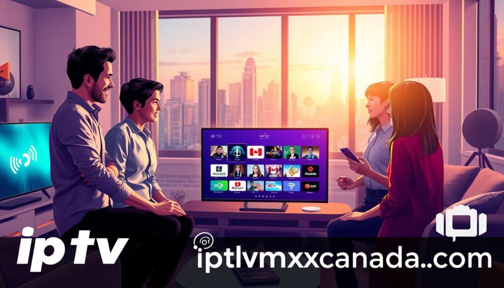 A vibrant and dynamic illustration depicting IPTV technology tailored for Canadian viewers. In the foreground, a diverse group of three professionals, men and women, engaged in a lively discussion around a sleek television displaying a modern IPTV interface, showcasing popular Canadian channels. In the middle ground, a stylish living room with high-tech gadgets and cozy furniture, exuding a welcoming atmosphere. The background reveals a window with a view of a city skyline, hinting at a contemporary urban setting. Soft, warm lighting creates an inviting mood, while the camera angle focuses on the interactions among the group, emphasizing collaboration and excitement about IPTV services. Integrate elements of digital connectivity, including symbols of streaming technology and the brand "iptvmaxcanada.com" subtly incorporated within the scene.