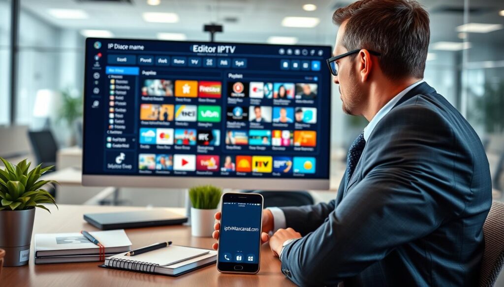 A vibrant and engaging digital workspace depicting a comprehensive IPTV management interface for "Editor IPTV." In the foreground, a sleek computer monitor displays an organized playlist and channel management dashboard with colorful graphics and icons representing various channels. A professional individual, dressed in smart business attire, is actively engaging with the interface, their face reflecting concentration and productivity. In the middle ground, a well-organized workspace with notebooks, a smartphone showing the "iptvmaxcanada.com" website, and a potted plant adds a touch of vibrancy. The background features a modern office environment with soft, diffused lighting that creates a warm and inviting atmosphere. The angle captures the essence of digital efficiency and management, inviting the viewer to explore the world of IPTV. A vibrant and engaging digital workspace depicting a comprehensive IPTV management interface for "Editor IPTV." In the foreground, a sleek computer monitor displays an organized playlist and channel management dashboard with colorful graphics and icons representing various channels. A professional individual, dressed in smart business attire, is actively engaging with the interface, their face reflecting concentration and productivity. In the middle ground, a well-organized workspace with notebooks, a smartphone showing the "iptvmaxcanada.com" website, and a potted plant adds a touch of vibrancy. The background features a modern office environment with soft, diffused lighting that creates a warm and inviting atmosphere. The angle captures the essence of digital efficiency and management, inviting the viewer to explore the world of IPTV.