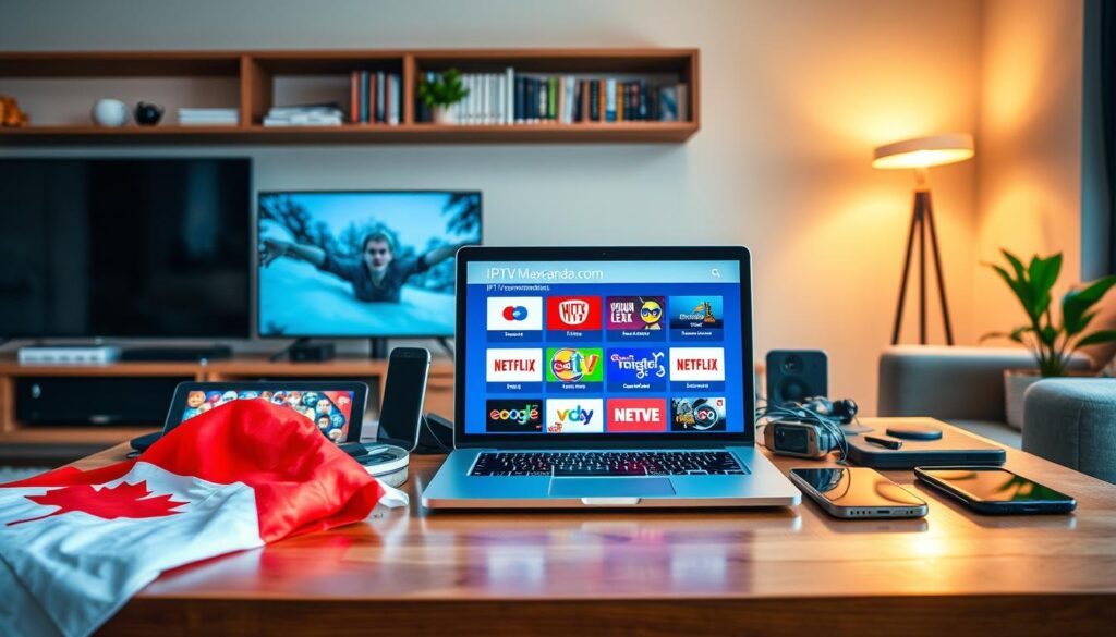 A vibrant and engaging scene depicting a polished wooden table scattered with various electronic devices, such as a smart TV, a tablet, and a smartphone, all displaying images of IPTV services. In the foreground, a Canadian flag subtly drapes over the table's edge, signifying the focus on Canadian viewers. In the middle, a sleek laptop screen showcases the website "iptvmaxcanada.com," highlighting IPTV recommendations adorned with colorful icons of popular Canadian TV channels. The background features a cozy, modern living room illuminated by warm, soft lighting, creating an inviting atmosphere. A decorative shelf filled with entertainment books and a plant adds a personal touch, evoking a sense of comfort and home, perfect for watching IPTV services. The overall mood is informative and welcoming, ideal for readers seeking the best IPTV options. A vibrant and engaging scene depicting a polished wooden table scattered with various electronic devices, such as a smart TV, a tablet, and a smartphone, all displaying images of IPTV services. In the foreground, a Canadian flag subtly drapes over the table's edge, signifying the focus on Canadian viewers. In the middle, a sleek laptop screen showcases the website "iptvmaxcanada.com," highlighting IPTV recommendations adorned with colorful icons of popular Canadian TV channels. The background features a cozy, modern living room illuminated by warm, soft lighting, creating an inviting atmosphere. A decorative shelf filled with entertainment books and a plant adds a personal touch, evoking a sense of comfort and home, perfect for watching IPTV services. The overall mood is informative and welcoming, ideal for readers seeking the best IPTV options.