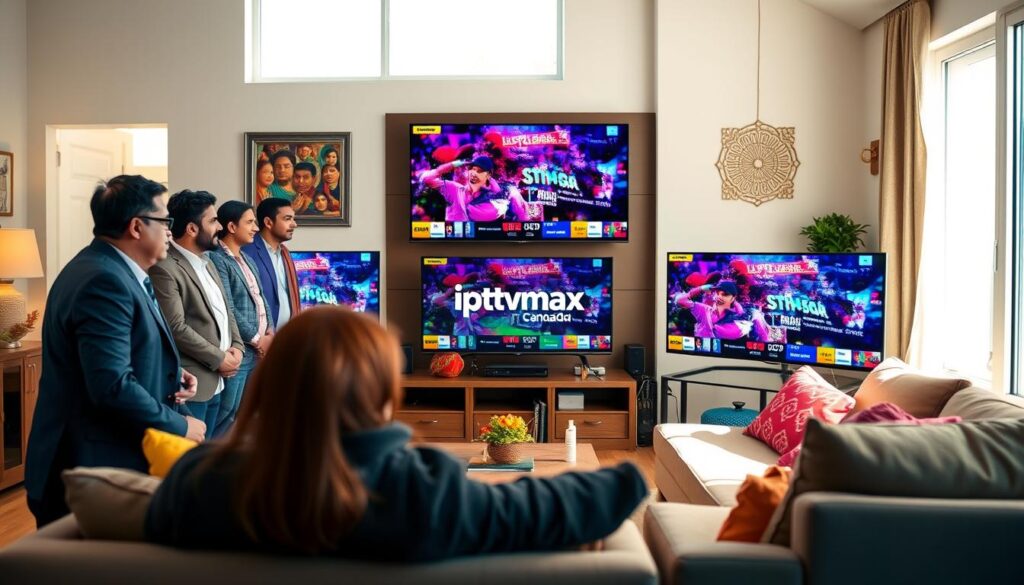 A vibrant and engaging scene depicting specialized IPTV services for the Indian community in Surrey, BC. In the foreground, a diverse group of adults in professional business attire is gathered around a modern living room with large screens showing colorful IPTV content that features Indian cultural programming, such as Bollywood films and cricket matches. The middle ground showcases cozy furniture adorned with traditional Indian decor elements like colorful cushions and wall hangings. In the background, a window reveals a sunny day. The lighting is warm, creating an inviting atmosphere, and a slight depth of field emphasizes the group interacting joyfully. The image subtly includes the brand name "iptvmaxcanada.com" integrated into the design of the IPTV interface on the screens, without overt text. A vibrant and engaging scene depicting specialized IPTV services for the Indian community in Surrey, BC. In the foreground, a diverse group of adults in professional business attire is gathered around a modern living room with large screens showing colorful IPTV content that features Indian cultural programming, such as Bollywood films and cricket matches. The middle ground showcases cozy furniture adorned with traditional Indian decor elements like colorful cushions and wall hangings. In the background, a window reveals a sunny day. The lighting is warm, creating an inviting atmosphere, and a slight depth of field emphasizes the group interacting joyfully. The image subtly includes the brand name "iptvmaxcanada.com" integrated into the design of the IPTV interface on the screens, without overt text.