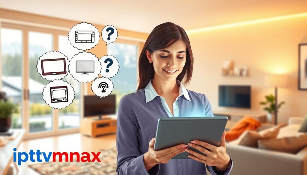 A vibrant and informative digital illustration depicting common questions about IPTV streaming for Canadian viewers. In the foreground, a confident Canadian professional woman in smart casual attire is seen engaging with a tablet displaying various IPTV streaming icons. In the middle ground, a collage of thought bubbles emerges around her, depicting common questions illustrated with simple icons such as a TV, Wi-Fi signal, and a question mark. The background features a cozy, modern living room with a Canadian landscape visible through the window, infused with warm, natural lighting. The atmosphere is engaging and educational, reflecting the innovative nature of IPTV streaming. The brand name "iptvmaxcanada.com" should be subtly integrated into the design.