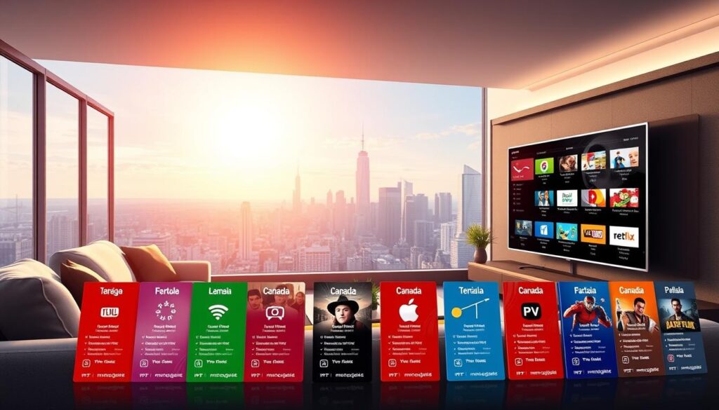 A vibrant digital illustration showcasing a selection of top IPTV subscription plans available in Canada. In the foreground, display an attractive and organized array of subscription plan cards, each featuring distinctive colors and icons representing features such as channels, genres, and pricing. The middle ground should include a sleek modern living room setting with a large flat-screen TV displaying streaming content, symbolizing comfort and entertainment. The background features a panoramic view of a bustling city skyline under a bright, clear sky, hinting at the possibility of endless streaming enjoyment. Use dynamic lighting to create a warm and inviting atmosphere, with soft shadows enhancing the sleekness of the furniture. Ensure all imagery is professional and suitable for a wide audience. Incorporate subtle branding elements associated with iptvmaxcanada.com harmoniously into the design.