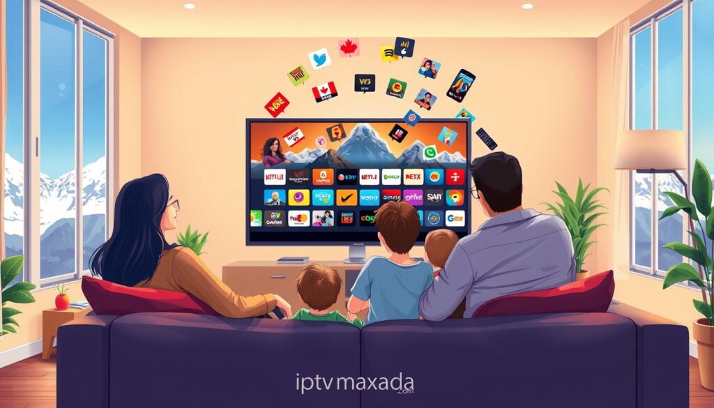 A vibrant illustration showcasing a Canadian living room featuring a large television displaying IPTV streaming content. In the foreground, a diverse family—parents and two children dressed in casual, comfortable clothing—sits together on a cozy couch, engaged in watching a variety of channels. The middle ground features a colorful display of streaming icons and channels that swirl around the TV screen, symbolizing the vast options available to users. In the background, a window shows the iconic Canadian landscape, with snow-capped mountains and a clear blue sky, adding a sense of place. Soft, warm lighting illuminates the room, creating a welcoming atmosphere. Include a subtle logo of "iptvmaxcanada.com" in the bottom corner, seamlessly integrated into the scene. The overall mood should feel inclusive, engaging, and family-oriented. A vibrant illustration showcasing a Canadian living room featuring a large television displaying IPTV streaming content. In the foreground, a diverse family—parents and two children dressed in casual, comfortable clothing—sits together on a cozy couch, engaged in watching a variety of channels. The middle ground features a colorful display of streaming icons and channels that swirl around the TV screen, symbolizing the vast options available to users. In the background, a window shows the iconic Canadian landscape, with snow-capped mountains and a clear blue sky, adding a sense of place. Soft, warm lighting illuminates the room, creating a welcoming atmosphere. Include a subtle logo of "iptvmaxcanada.com" in the bottom corner, seamlessly integrated into the scene. The overall mood should feel inclusive, engaging, and family-oriented.