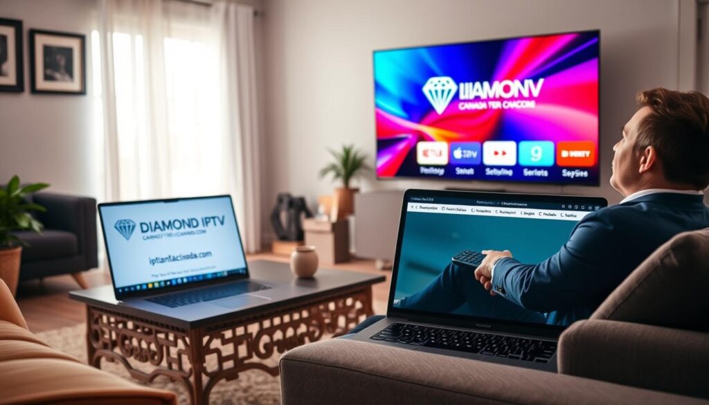 A vibrant living room scene showcasing a modern, sleek television displaying the Diamond IPTV interface with vivid colors and crisp graphics. In the foreground, a person in smart casual attire sits comfortably on a stylish couch, holding a remote control, with a look of satisfaction and excitement. The middle ground features a decorative coffee table with a laptop open to the website "iptvmaxcanada.com," indicating the instant activation process. Soft, natural lighting streams in from a nearby window, creating a warm and inviting atmosphere. The background includes tasteful decor, such as framed art and plants, enhancing the cozy environment of home entertainment. The image conveys a sense of efficiency, modern technology, and reliability in streaming service. A vibrant living room scene showcasing a modern, sleek television displaying the Diamond IPTV interface with vivid colors and crisp graphics. In the foreground, a person in smart casual attire sits comfortably on a stylish couch, holding a remote control, with a look of satisfaction and excitement. The middle ground features a decorative coffee table with a laptop open to the website "iptvmaxcanada.com," indicating the instant activation process. Soft, natural lighting streams in from a nearby window, creating a warm and inviting atmosphere. The background includes tasteful decor, such as framed art and plants, enhancing the cozy environment of home entertainment. The image conveys a sense of efficiency, modern technology, and reliability in streaming service.