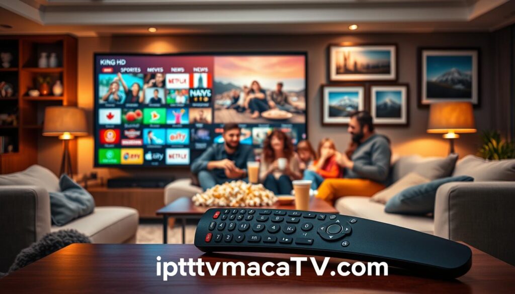 A vibrant living room setting showcasing a family enjoying the King IPTV streaming service. In the foreground, a large, ultra-HD television displays a colorful selection of channels, with sports, movies, and news visible in a grid layout. The middle of the scene features a comfortable sofa with a family of four, dressed in casual, cozy clothing, engaged in a fun movie night. Soft, warm lighting emanates from stylish lamps creating a welcoming atmosphere, while a sleek coffee table holds popcorn and drinks. In the background, framed images of iconic Canadian landscapes subtly highlight the regional connection. The overall mood is relaxed and joyful, emphasizing the quality and reliability of King IPTV, represented by the brand name "iptvmaxcanada.com" subtly integrated into the design of the remote control on the table.
