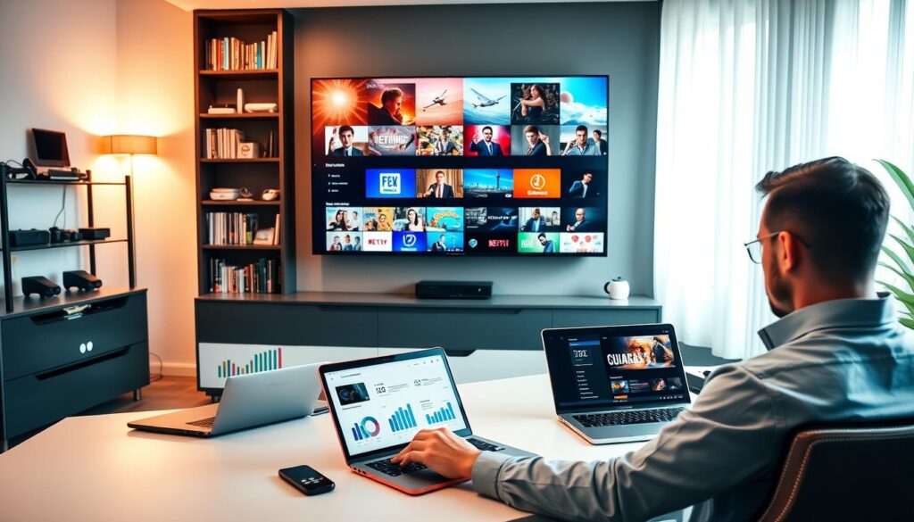 A vibrant, modern home office scene showcasing a user engaging with various IPTV apps on multiple devices. In the foreground, a user, a professional in smart casual attire, sits at a sleek desk, intently browsing an IPTV app on a tablet. On the desk, a laptop displays charts and graphs illustrating user profiles and device ecosystems. In the middle ground, a large wall-mounted TV shows colorful thumbnails of different IPTV app interfaces. The background features a stylish bookshelf filled with tech gadgets and entertainment books. Soft, natural light streams through a window, creating a warm, inviting atmosphere. The overall mood is focused and innovative, emphasizing the selection process for the best IPTV app. Include a subtle reference to "iptvmaxcanada.com" to enhance the context.