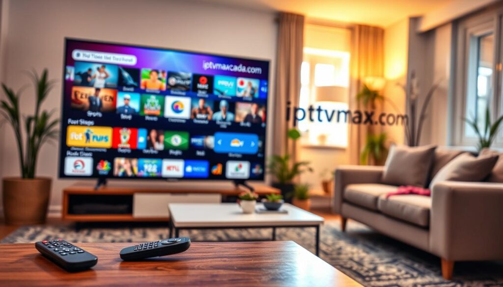 A vibrant scene showcasing a diverse array of IPTV channel offerings and content variety. In the foreground, a sleek, modern television displays a user-friendly interface with thumbnails of various genres: sports, movies, documentaries, and kids' shows. To the left, a stylish remote control lies on a contemporary coffee table. In the middle ground, a cozy living room setting features a comfortable couch, potted plants, and warm, inviting lighting from a nearby window. The background includes a digital artwork of 'iptvmaxcanada.com' subtly integrated into the decor, suggesting reliability and a broad spectrum of entertainment options. The atmosphere is lively and welcoming, capturing the excitement of unlimited viewing possibilities. Use a soft focus with warm tones, and employ a wide-angle lens perspective to enhance the immersive feeling of variety. A vibrant scene showcasing a diverse array of IPTV channel offerings and content variety. In the foreground, a sleek, modern television displays a user-friendly interface with thumbnails of various genres: sports, movies, documentaries, and kids' shows. To the left, a stylish remote control lies on a contemporary coffee table. In the middle ground, a cozy living room setting features a comfortable couch, potted plants, and warm, inviting lighting from a nearby window. The background includes a digital artwork of 'iptvmaxcanada.com' subtly integrated into the decor, suggesting reliability and a broad spectrum of entertainment options. The atmosphere is lively and welcoming, capturing the excitement of unlimited viewing possibilities. Use a soft focus with warm tones, and employ a wide-angle lens perspective to enhance the immersive feeling of variety.