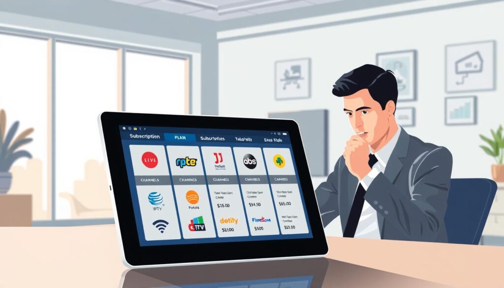 A visually appealing and informative illustration showcasing IPTV subscription plans in Canada, specifically from "iptvmaxcanada.com." In the foreground, a sleek digital tablet displaying various subscription plans with colorful icons and symbols representing channels and prices. In the middle ground, a professional-looking individual in business attire thoughtfully analyzing this tablet while seated at a modern desk, emphasizing the utility of IPTV services. In the background, a contemporary office setting with soft lighting, large windows letting in natural light, and subtle tech-related artwork adorning the walls, conveying a productive atmosphere. The overall mood is engaging and business-oriented, highlighting the importance of comprehensive IPTV offerings for consumers in 2026. A visually appealing and informative illustration showcasing IPTV subscription plans in Canada, specifically from "iptvmaxcanada.com." In the foreground, a sleek digital tablet displaying various subscription plans with colorful icons and symbols representing channels and prices. In the middle ground, a professional-looking individual in business attire thoughtfully analyzing this tablet while seated at a modern desk, emphasizing the utility of IPTV services. In the background, a contemporary office setting with soft lighting, large windows letting in natural light, and subtle tech-related artwork adorning the walls, conveying a productive atmosphere. The overall mood is engaging and business-oriented, highlighting the importance of comprehensive IPTV offerings for consumers in 2026.