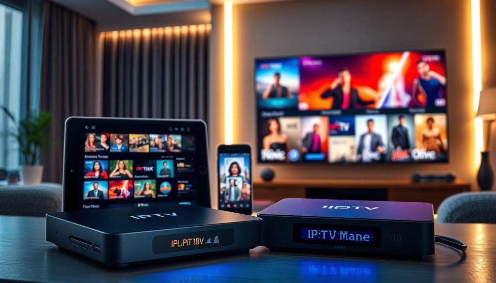 A visually appealing composition showcasing various IPTV players designed for seamless streaming. In the foreground, display a sleek modern IPTV player with a glowing interface that highlights its user-friendly features. To the side, include a tablet and smartphone, both displaying vibrant streaming content. The middle ground should feature a stylish living room setup with a large flat-screen TV, showing colorful series and movies, emphasizing the entertainment experience. In the background, add subtle hints of ambient lighting, like soft LED strips that create a cozy atmosphere. The overall mood is inviting and contemporary, reflecting a tech-savvy lifestyle. The brand "iptvmaxcanada.com" is subtly integrated into the scene, perhaps as a logo on one of the devices, enhancing the focus on high-quality IPTV solutions. Use soft lighting with a focus lens to create a warm and engaging image.