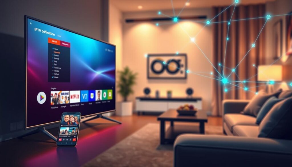 A visually appealing illustration showcasing the concept of "Streaming Quality and Technical Requirements for IPTV." In the foreground, depict a sleek modern television displaying a high-definition streaming interface, focusing on vibrant colors and clarity. Include a smartphone beside the TV, indicating mobile streaming capabilities. In the middle ground, show a cozy living room setting with a comfortable couch and a coffee table, enhancing the inviting atmosphere. In the background, incorporate a digital representation of network connections, symbolizing the technical requirements, like bandwidth and internet speed, with light beams connecting devices. The lighting should be warm and soft, creating a relaxed mood. Capture the essence of modern technology and seamless streaming. Emphasize "iptvmaxcanada.com" subtly in the design.