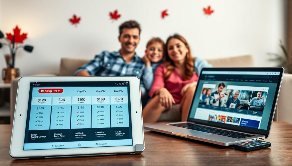 A visually appealing layout showcasing the diverse subscription plans and pricing of King IPTV, designed specifically for Canadian viewers. In the foreground, a sleek digital tablet displays the King IPTV interface, highlighting various subscription options with clear pricing tiers. Beside it, a stylish laptop opens to the King IPTV website, reinforcing the modern streaming experience. In the middle ground, a professional, casually dressed Canadian family enjoys streaming content on the couch, smiling and engaged. The background features soft ambient lighting, suggesting a cozy home environment with hints of Canadian decor, like maple leaves and a subtle hockey theme. Capture this in a warm, inviting atmosphere, with a focus on clarity and attention to detail. Include the branding "iptvmaxcanada.com" in a tasteful manner within the image, without any text overlays or captions.