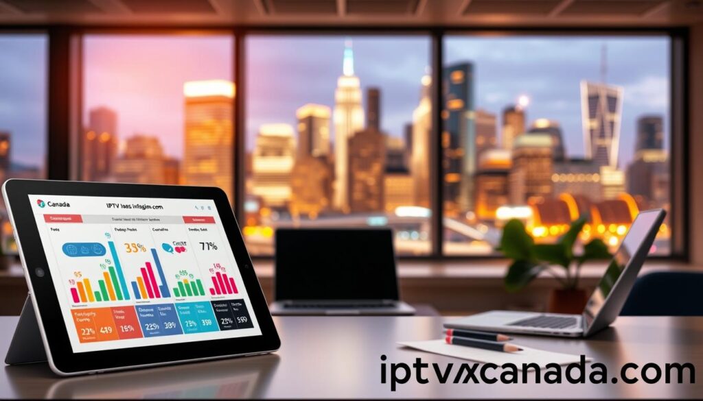 A visually compelling infographic showcasing IPTV subscription plans and pricing in Canada. In the foreground, display a sleek digital tablet featuring colorful charts and icons representing different IPTV packages. The middle ground should include a modern, stylish workspace with a laptop and notes, emphasizing a tech-savvy atmosphere. In the background, a large window reveals a bustling Canadian city skyline, with skyscrapers illuminated by warm, inviting evening light. The overall mood should be professional and informative, with a strong focus on clarity and detail. A subtle focus effect softens the background, drawing attention to the foreground elements. Include the brand name 'iptvmaxcanada.com' creatively integrated into the design without cluttering the image.