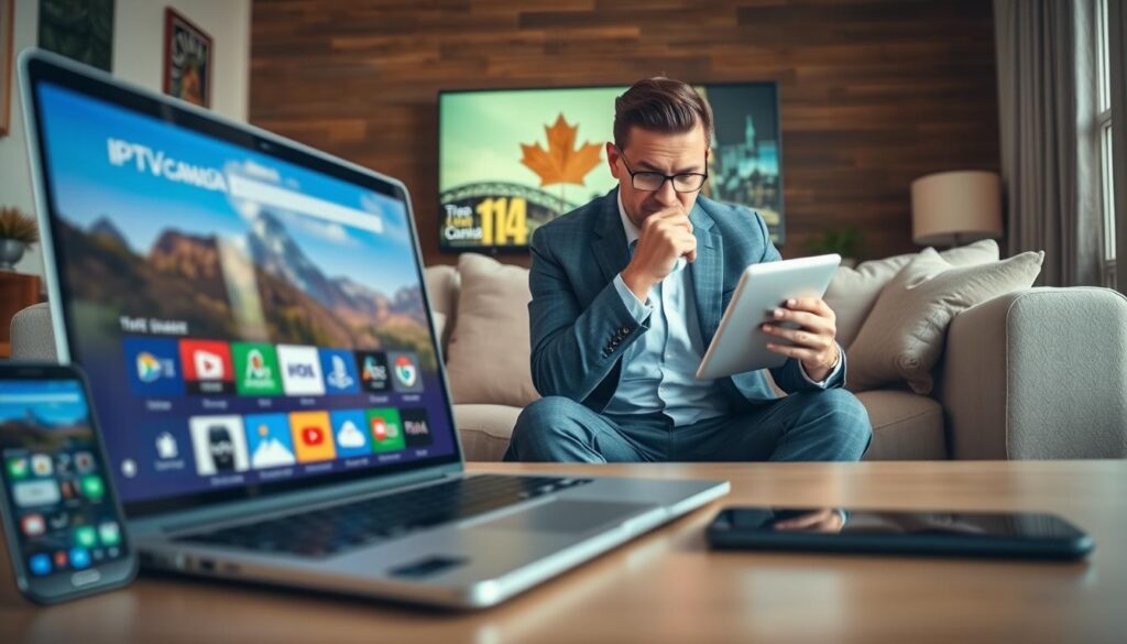 A visually engaging and informative composition showing the concept of IPTV providers for Canadian users. In the foreground, include a sleek laptop displaying a vibrant IPTV interface, surrounded by modern tech gadgets like a smartphone and a tablet, all showcasing various streaming services. In the middle layer, depict a professional-looking Canadian user in business attire, thoughtfully comparing IPTV options on the laptop. The background should feature a cozy living room setting, with a soft couch and a TV displaying Canadian landscapes or iconic symbols, creating a warm atmosphere. Use soft, natural lighting to enhance the focus on the tech devices. Include the branding "iptvmaxcanada.com" subtly integrated into the scene. The mood should be informed and inviting, ideal for educating users on choosing the best IPTV provider. A visually engaging and informative composition showing the concept of IPTV providers for Canadian users. In the foreground, include a sleek laptop displaying a vibrant IPTV interface, surrounded by modern tech gadgets like a smartphone and a tablet, all showcasing various streaming services. In the middle layer, depict a professional-looking Canadian user in business attire, thoughtfully comparing IPTV options on the laptop. The background should feature a cozy living room setting, with a soft couch and a TV displaying Canadian landscapes or iconic symbols, creating a warm atmosphere. Use soft, natural lighting to enhance the focus on the tech devices. Include the branding "iptvmaxcanada.com" subtly integrated into the scene. The mood should be informed and inviting, ideal for educating users on choosing the best IPTV provider.