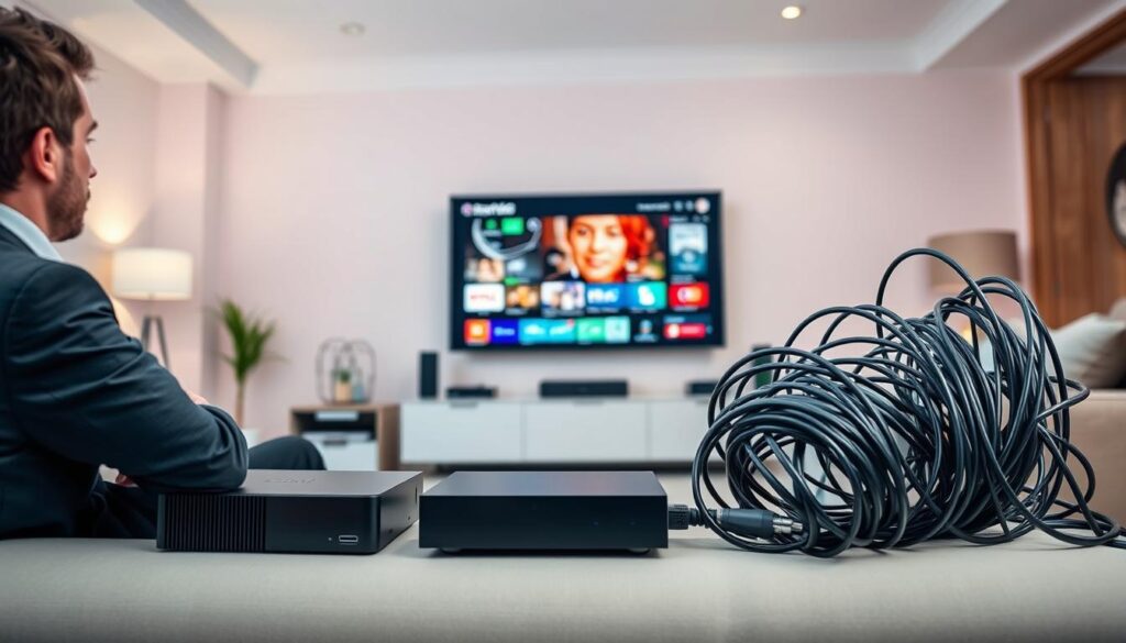 A visually engaging comparison scene that showcases the benefits of IPTV over traditional cable TV. In the foreground, depict a modern living room with a person in professional attire, intently watching a large screen displaying vibrant IPTV content. Emphasize the clarity of the image and the selection of channels visible on the screen. In the middle ground, include a sleek IPTV device next to a tangled mess of traditional cable connections, symbolizing convenience versus chaos. In the background, pastel-colored walls enhance the welcoming atmosphere, while soft, ambient lighting creates a comfortable environment. Use a slightly tilted angle to give depth to the scene, highlighting the modernity of IPTV technology. The image should resonate with a contemporary vibe, subtly incorporating the brand "iptvmaxcanada.com" into the design, without any text. A visually engaging comparison scene that showcases the benefits of IPTV over traditional cable TV. In the foreground, depict a modern living room with a person in professional attire, intently watching a large screen displaying vibrant IPTV content. Emphasize the clarity of the image and the selection of channels visible on the screen. In the middle ground, include a sleek IPTV device next to a tangled mess of traditional cable connections, symbolizing convenience versus chaos. In the background, pastel-colored walls enhance the welcoming atmosphere, while soft, ambient lighting creates a comfortable environment. Use a slightly tilted angle to give depth to the scene, highlighting the modernity of IPTV technology. The image should resonate with a contemporary vibe, subtly incorporating the brand "iptvmaxcanada.com" into the design, without any text.