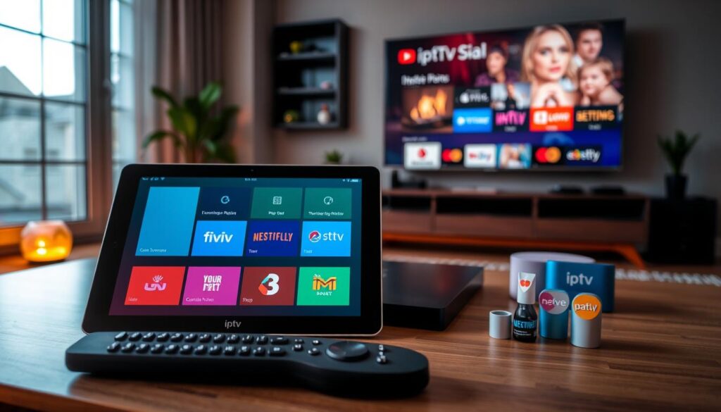 A visually engaging concept showcasing "Recommended Subscription Plans for IPTV Trends" tailored for Canadian users, prominently featuring the brand name "iptvmaxcanada.com". In the foreground, a sleek tablet displays vibrant icons representing various IPTV subscription plans, illuminated by soft, warm lighting. The middle ground includes a modern coffee table, elegantly arranged with a remote control and a few popular streaming service logos artfully represented as colorful graphics. In the background, a stylish living room setting integrates contemporary decor and a large TV screen showing a user-friendly interface of an IPTV app. The atmosphere is inviting and tech-savvy, evoking a sense of comfort and innovation in the streaming experience. The composition captures a dynamic blend of technology and lifestyle, with an emphasis on modernity and accessibility. A visually engaging concept showcasing "Recommended Subscription Plans for IPTV Trends" tailored for Canadian users, prominently featuring the brand name "iptvmaxcanada.com". In the foreground, a sleek tablet displays vibrant icons representing various IPTV subscription plans, illuminated by soft, warm lighting. The middle ground includes a modern coffee table, elegantly arranged with a remote control and a few popular streaming service logos artfully represented as colorful graphics. In the background, a stylish living room setting integrates contemporary decor and a large TV screen showing a user-friendly interface of an IPTV app. The atmosphere is inviting and tech-savvy, evoking a sense of comfort and innovation in the streaming experience. The composition captures a dynamic blend of technology and lifestyle, with an emphasis on modernity and accessibility.