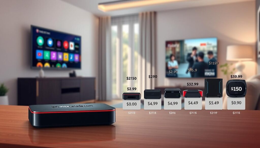A visually engaging illustration depicting the price ranges of popular IPTV boxes in 2026. In the foreground, showcase a sleek, modern IPTV box prominently labeled "iptvmaxcanada.com," emphasizing its innovative design. In the middle ground, display multiple IPTV boxes with varied price tags, each box distinct in shape and color, arranged in an ascending manner from affordable to premium. The background features a subtle blurred view of a stylish living room with a cozy couch and a large LED screen showcasing a streaming interface. Soft, natural lighting pours in from a window, creating a welcoming atmosphere. Use a wide-angle lens to capture the entire scene, giving it a professional, polished look, suitable for an informative section about technology and pricing trends.